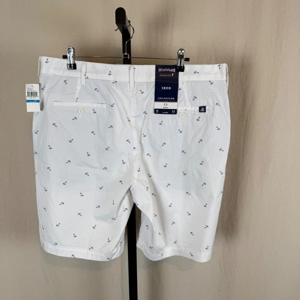 NEW IZOD Mens Advantage Performance Anchor Print Shorts White 36 Sport flex